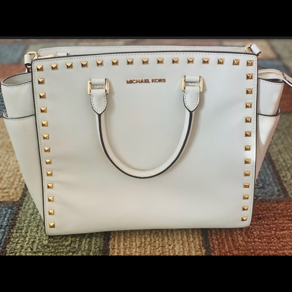 Michael Kors Large Selma Stud White Leather Tote